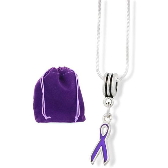 Dave The Bunny Jewelry - Purple Ribbon Cancer Alzheimer Crohn Charm Chain Necklace